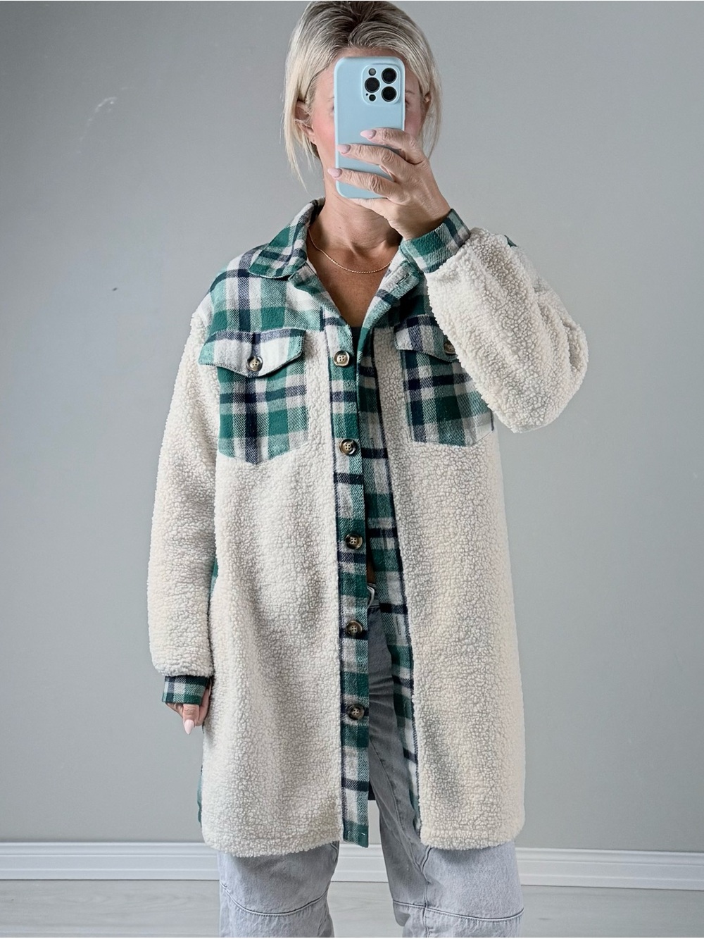 Ultra Flirt Cream Sherpa Shacket Jacket with Green Plaid Trim